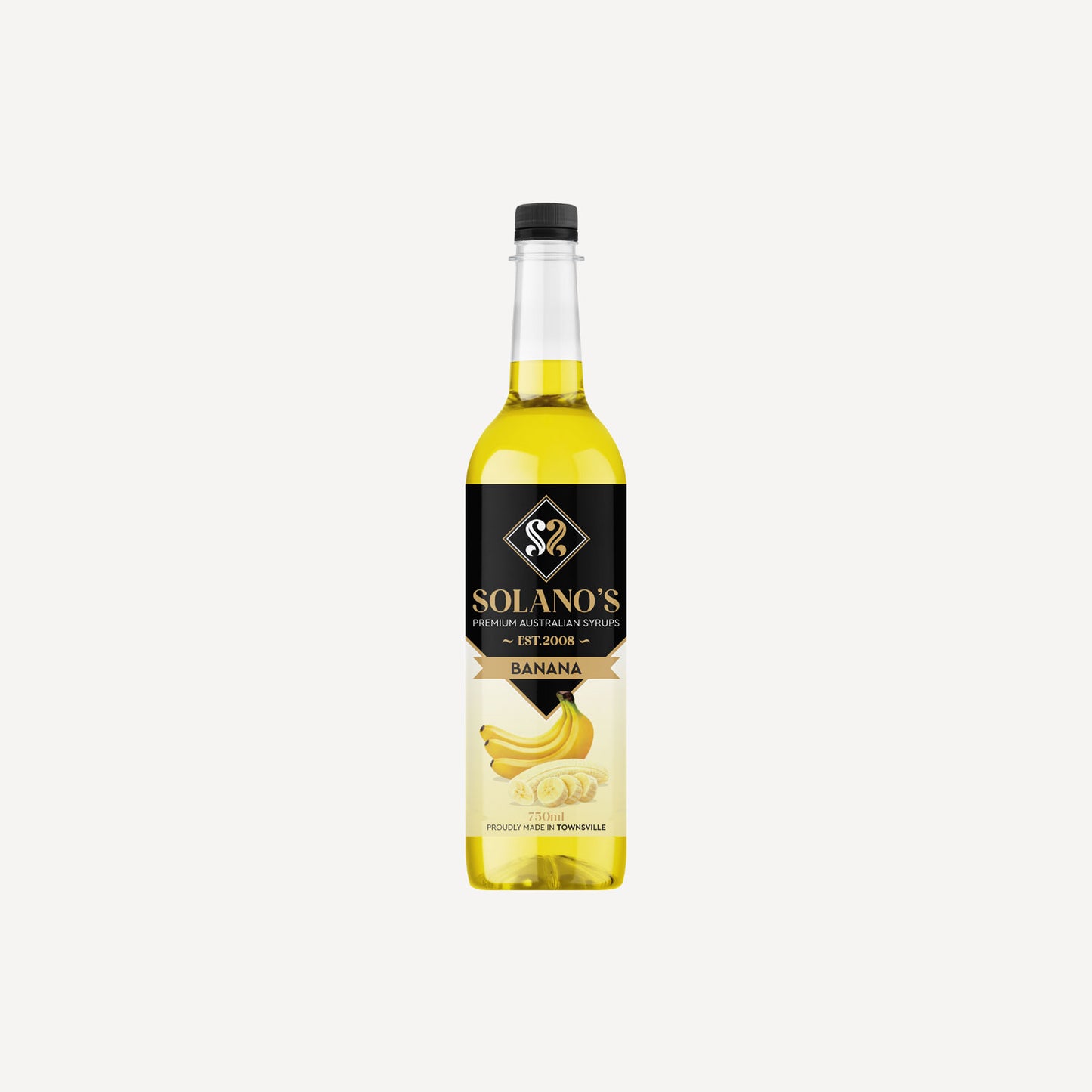 Bottle of Solano's banana syrup on a white background