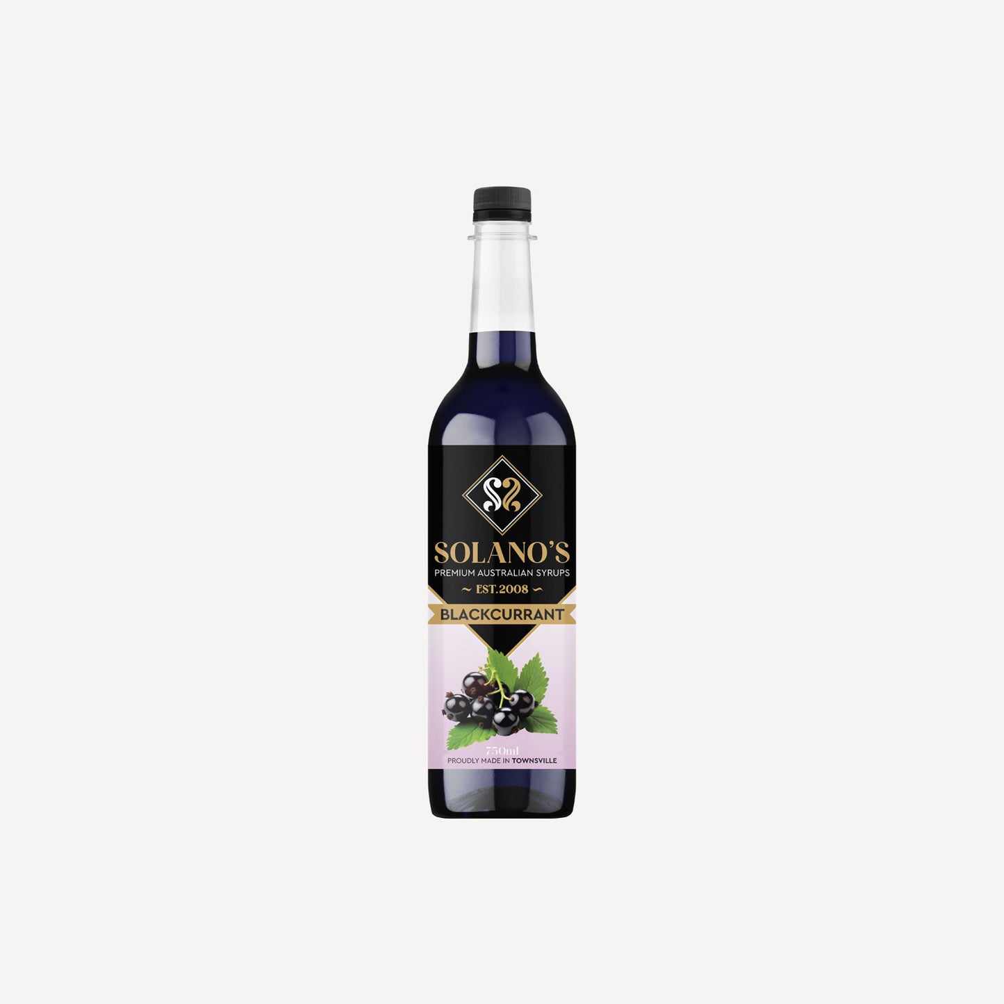 Solano's Blackcurrant Flaboured Syrup in a bottle on a white background.