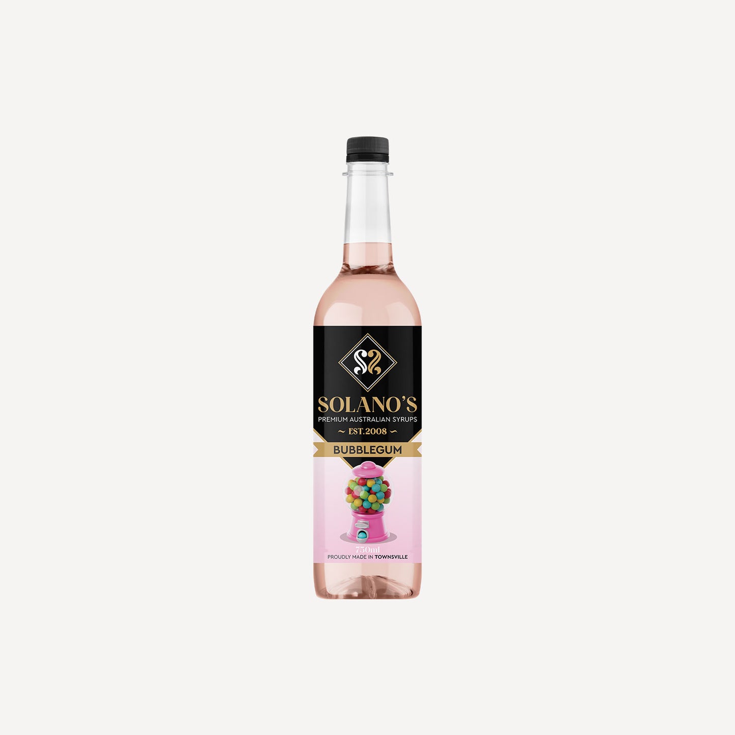 Bottle of Solano's bubble gum syrup on a white background