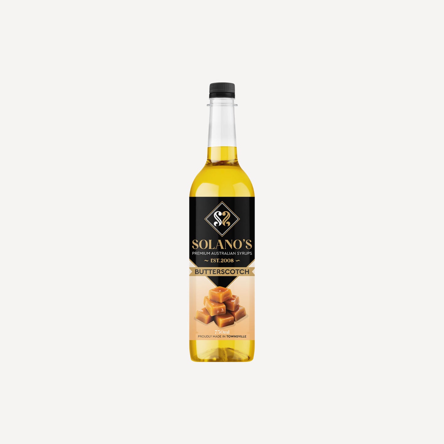 Bottle of Solano's Butterscotch syrup on a white background