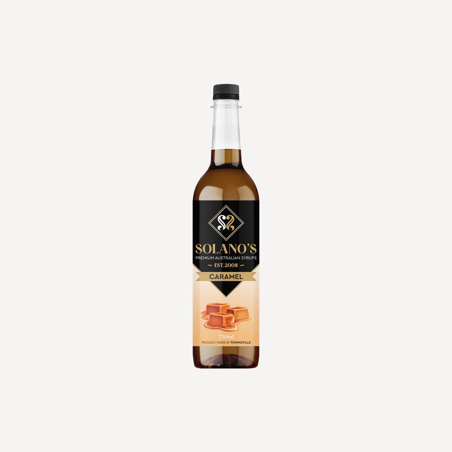 Bottle of Solano's Caramel syrup on a white background