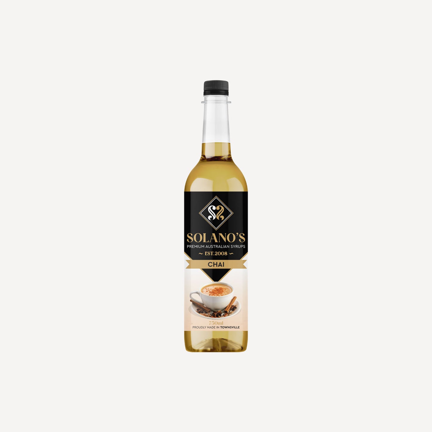Bottle of Solano's Chai syrup on a white background
