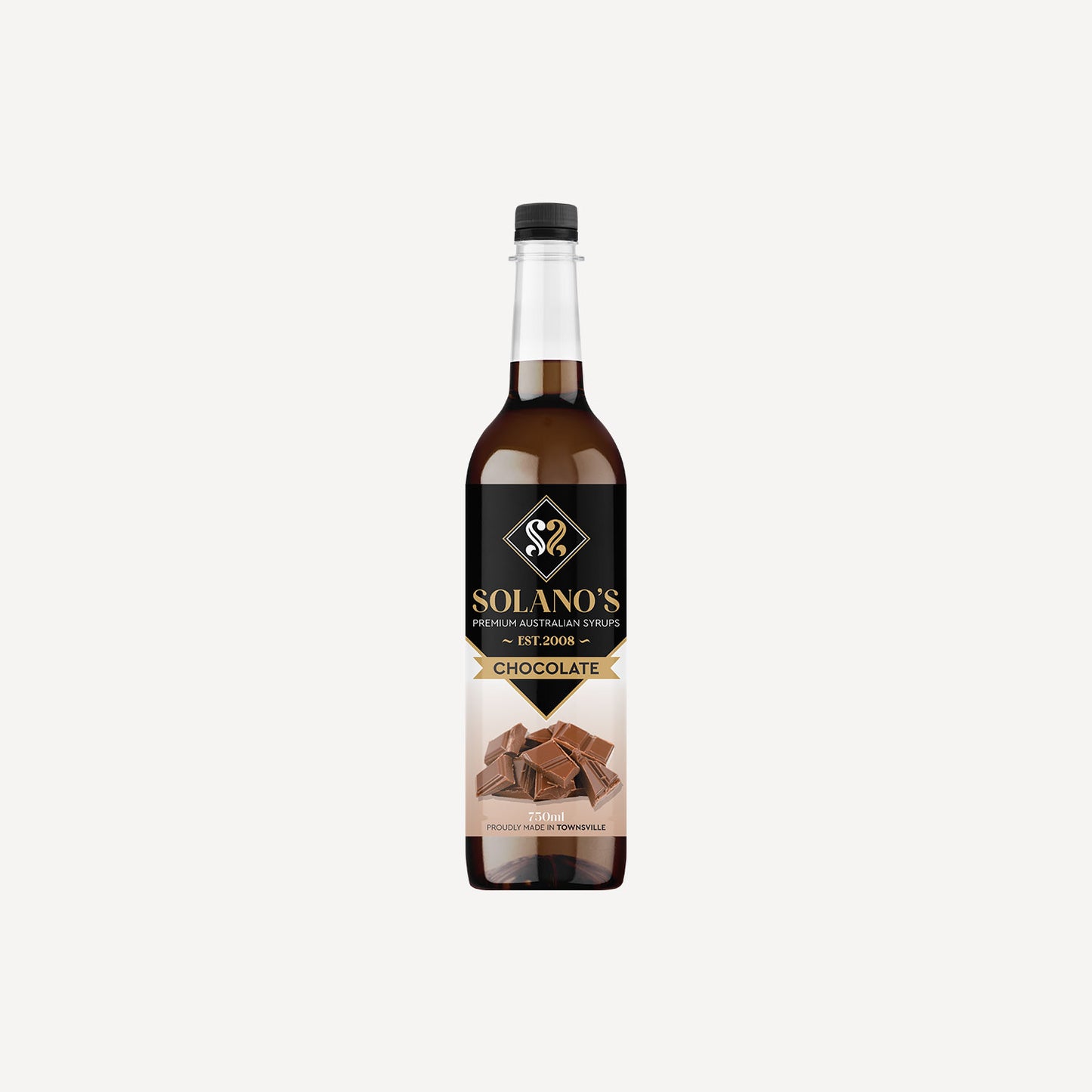 Bottle of Solano's chocolate syrup on a white background