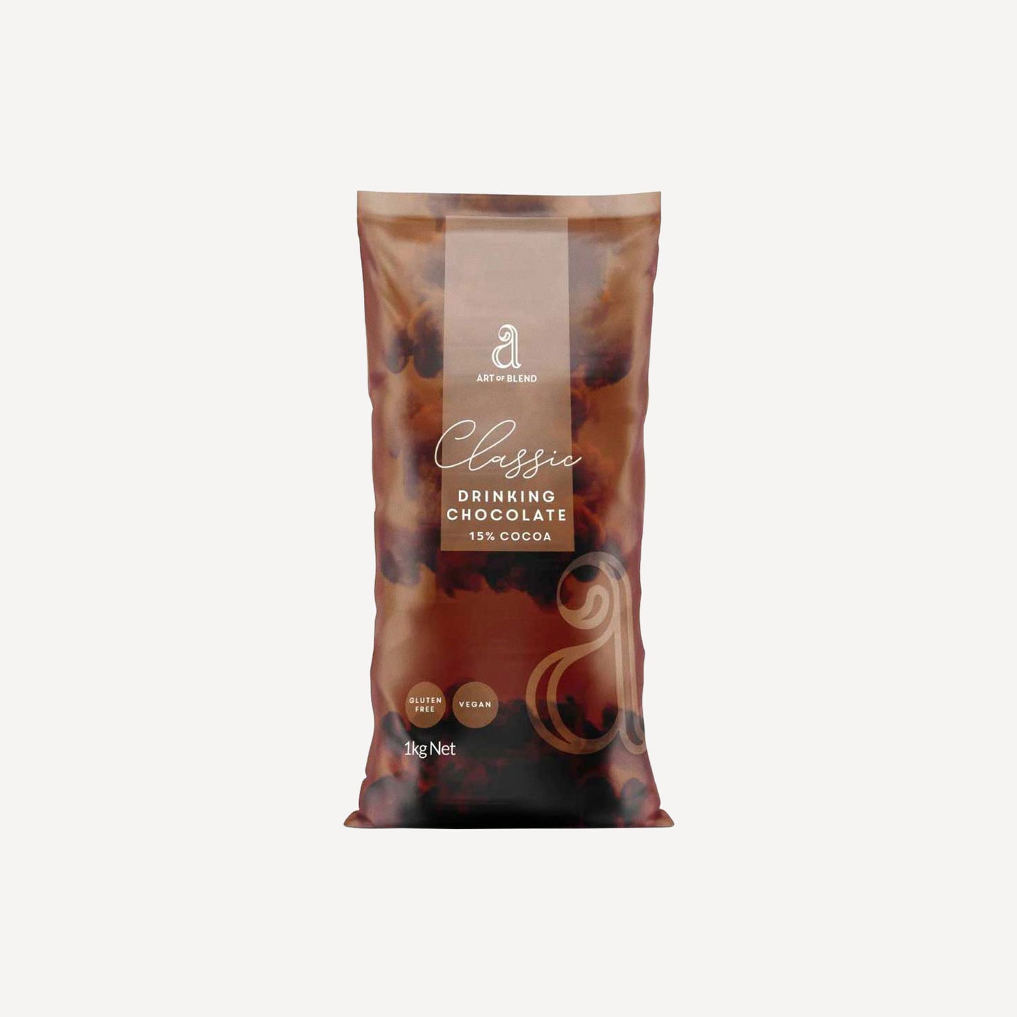 Bag of classic drinking chocolate on a white background