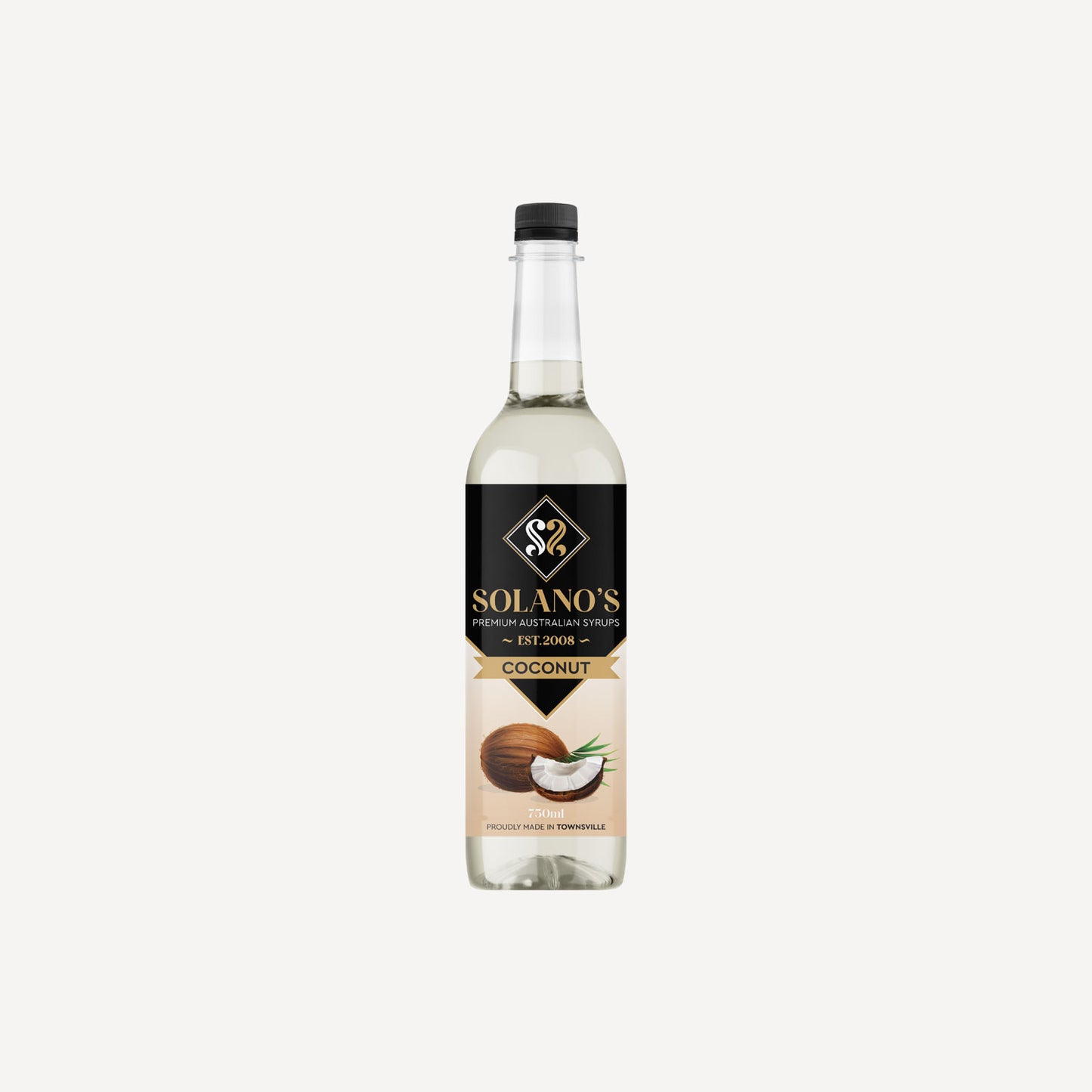 Bottle of Solano's coconut syrup on a white background