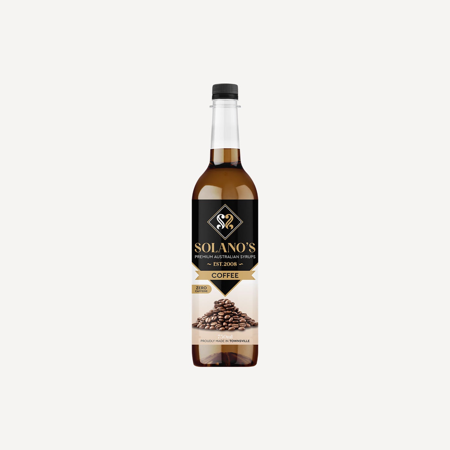 Bottle of Solano's coffee syrup on a white background