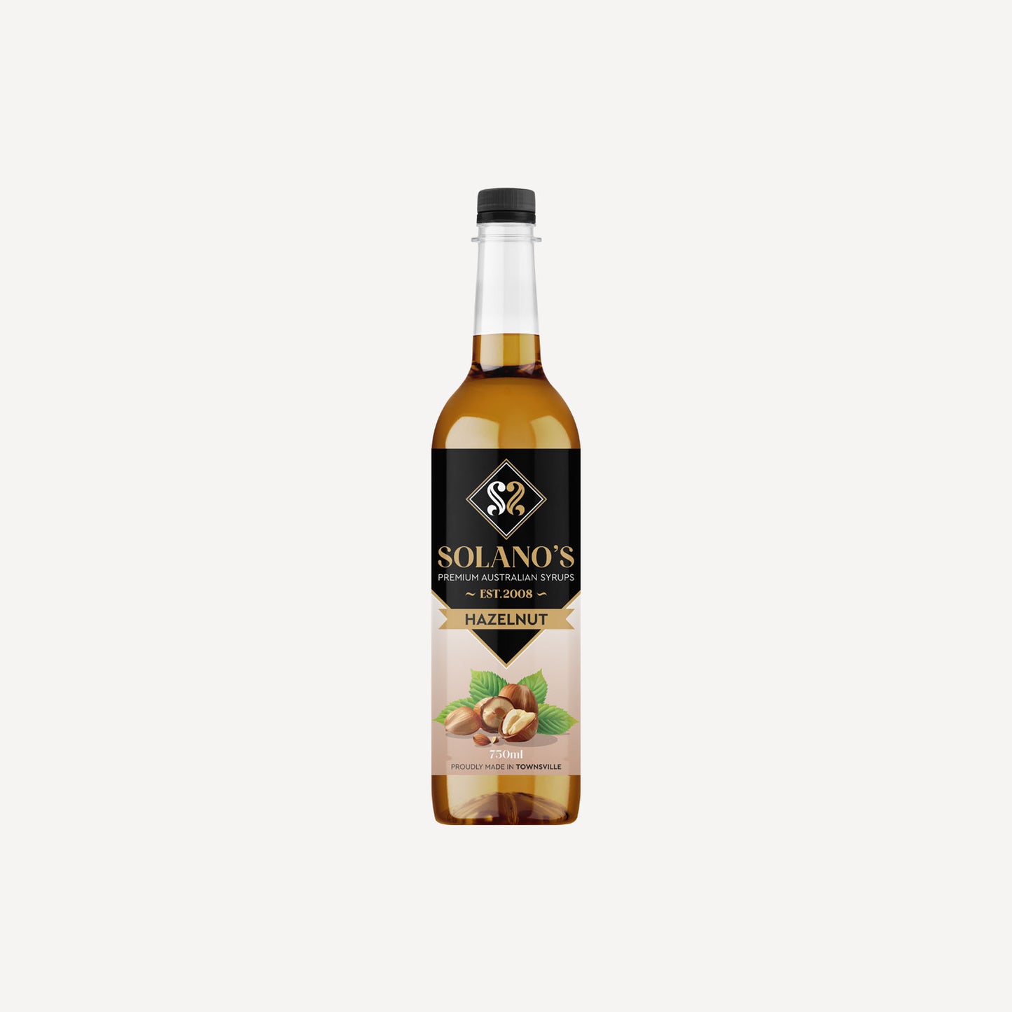 Bottle of Solano's hazelnut syrup on a white background