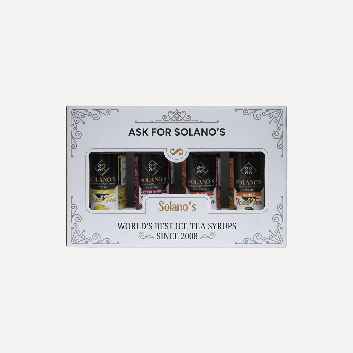 Gift pack of Solanos Iced Tea Syrup on a white background