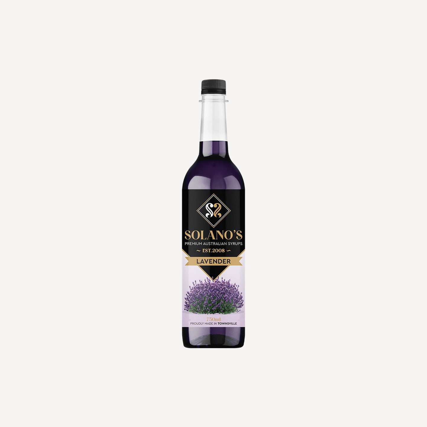 Bottle of Solano's lavender syrup on a white background