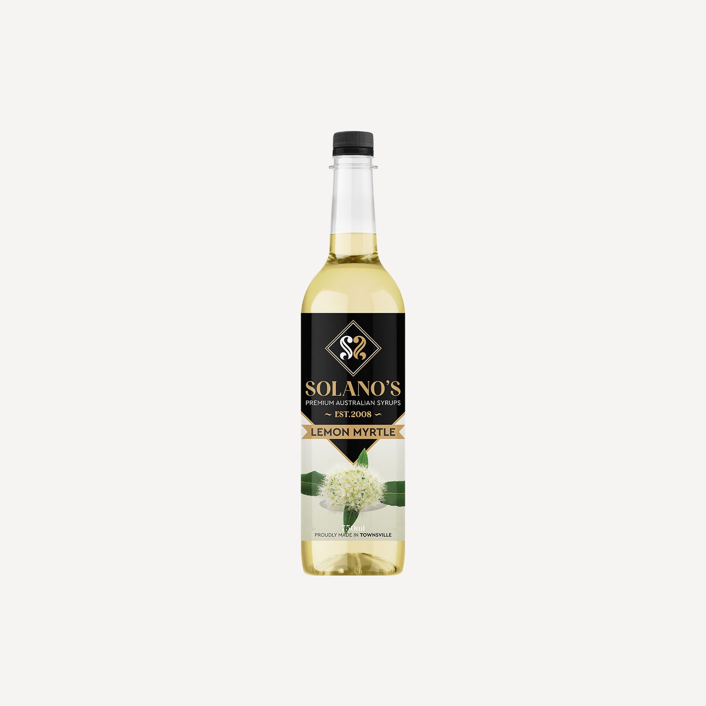 Bottle of Solano's Lemon Myrtle syrup on a white background
