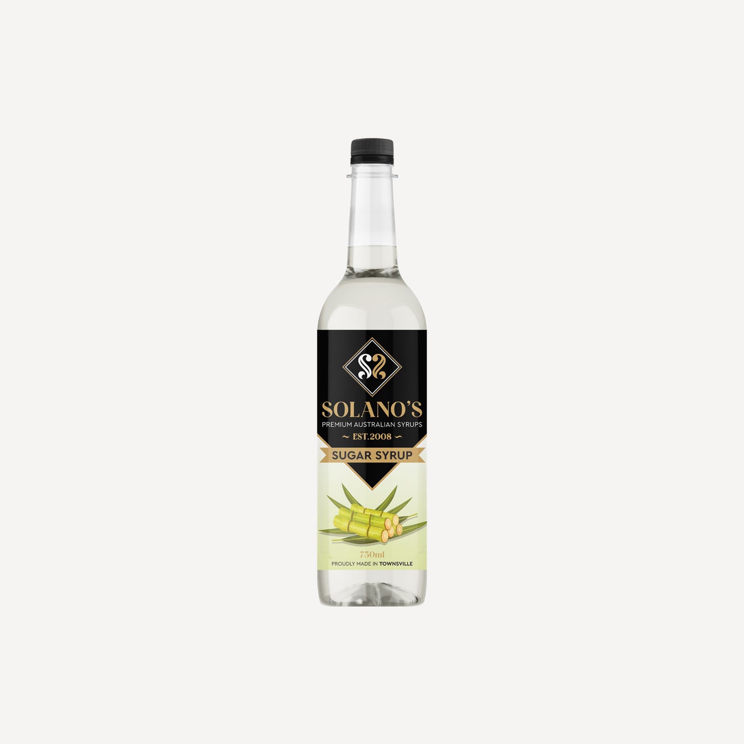Bottle of Solano's sugar syrup on a white background
