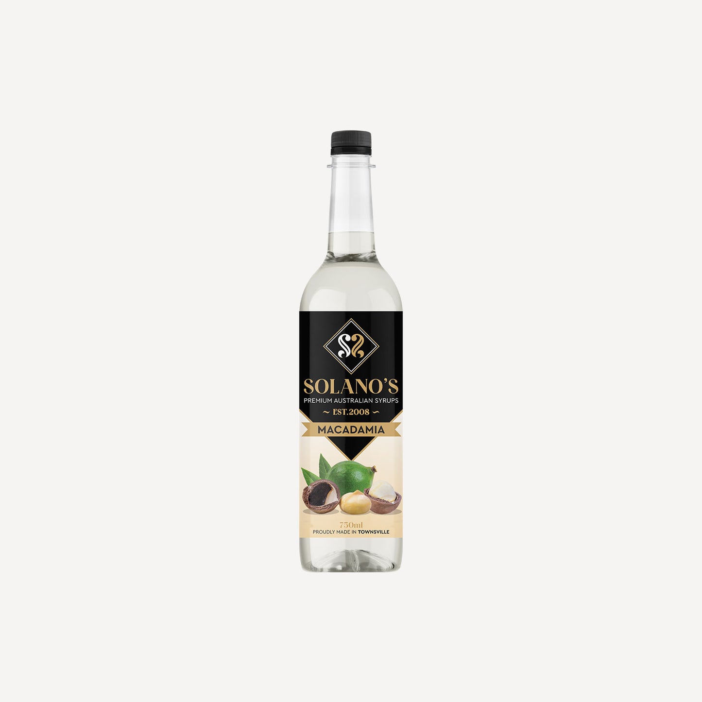 Bottle of Solano's Macadamia syrup on a white background