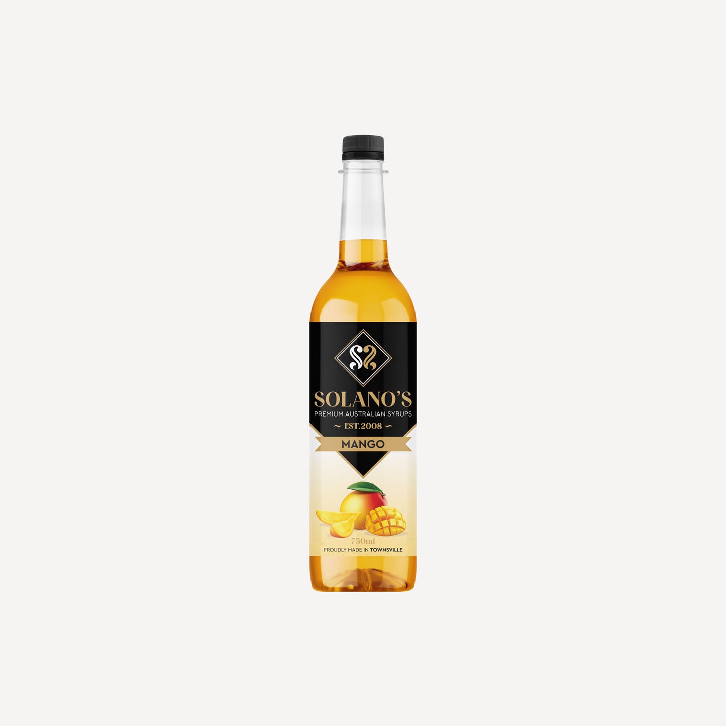Bottle of Solano's Mango syrup on a white background