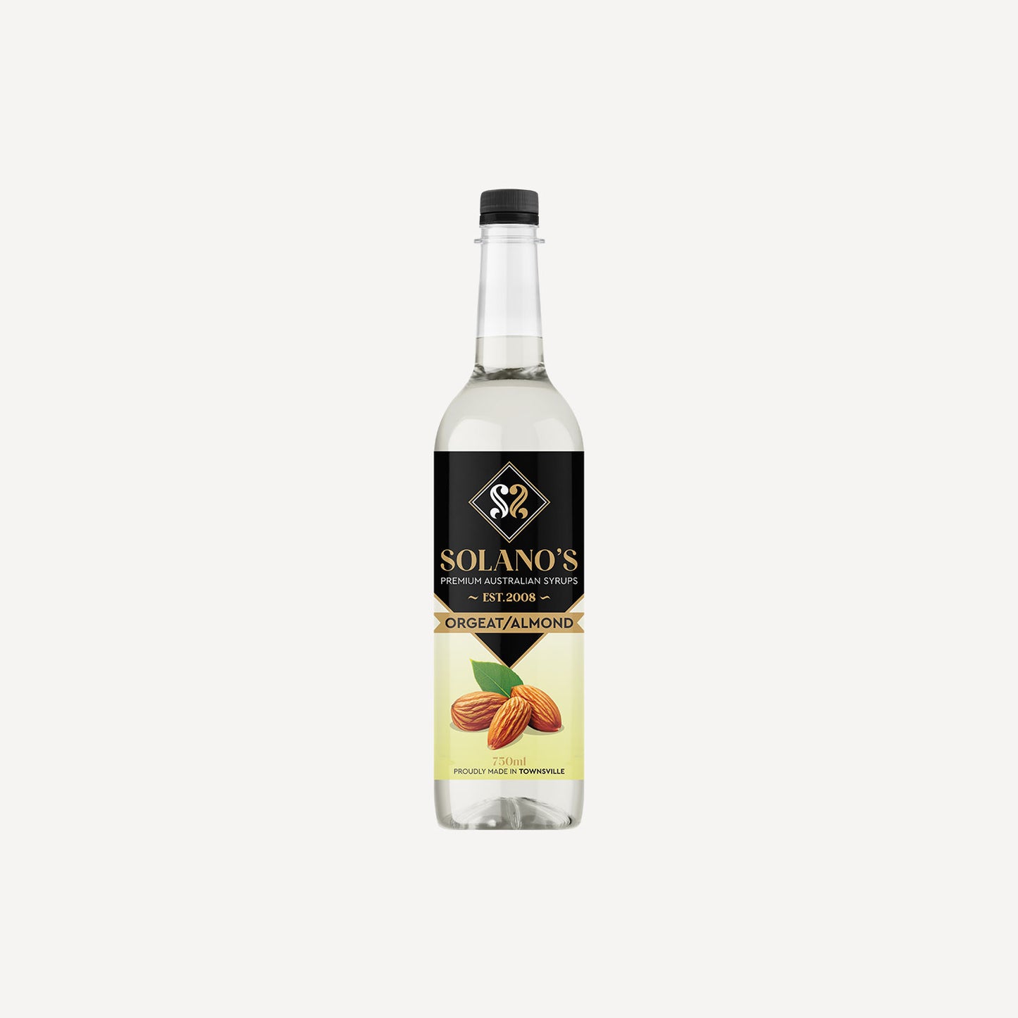 Bottle of Solano's almond syrup on a white background