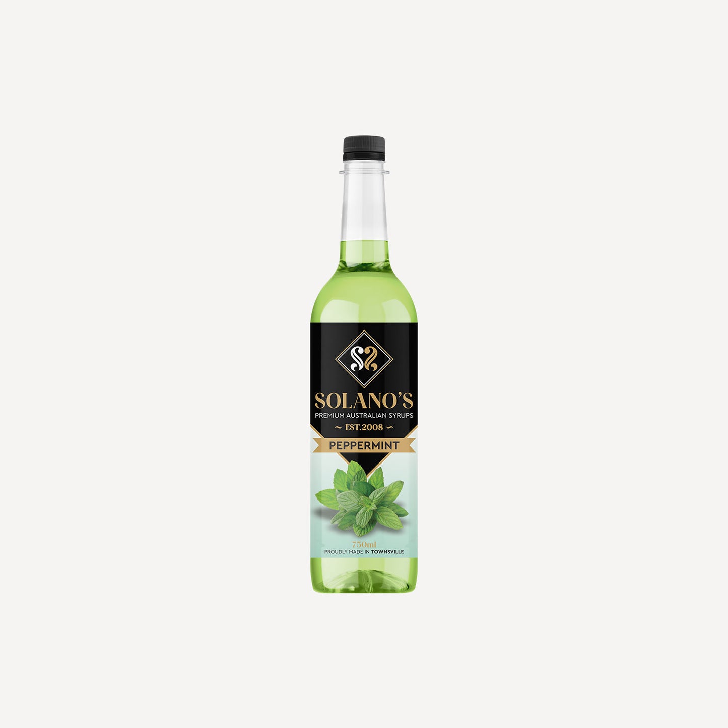Bottle of Solanos Peppermint Flavoured Syrup on a white background
