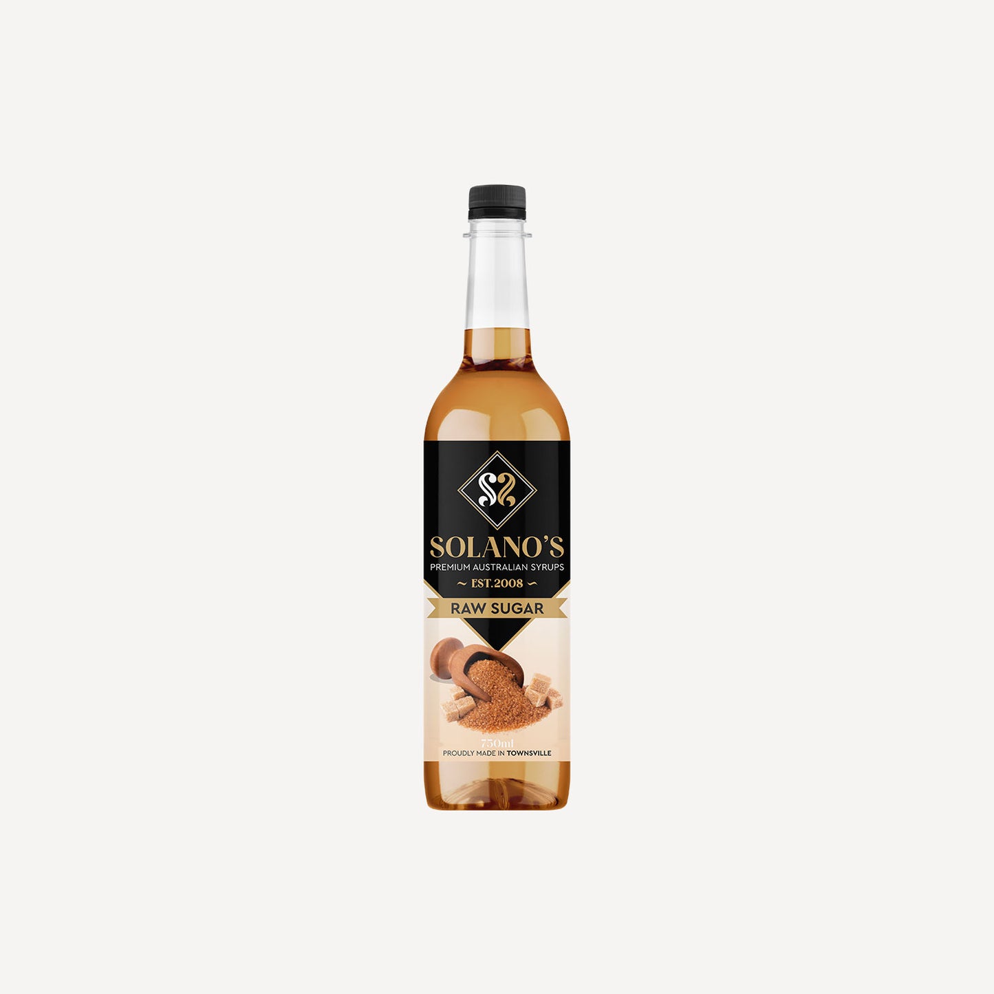 Bottle of Solano's raw sugar syrup on a white background