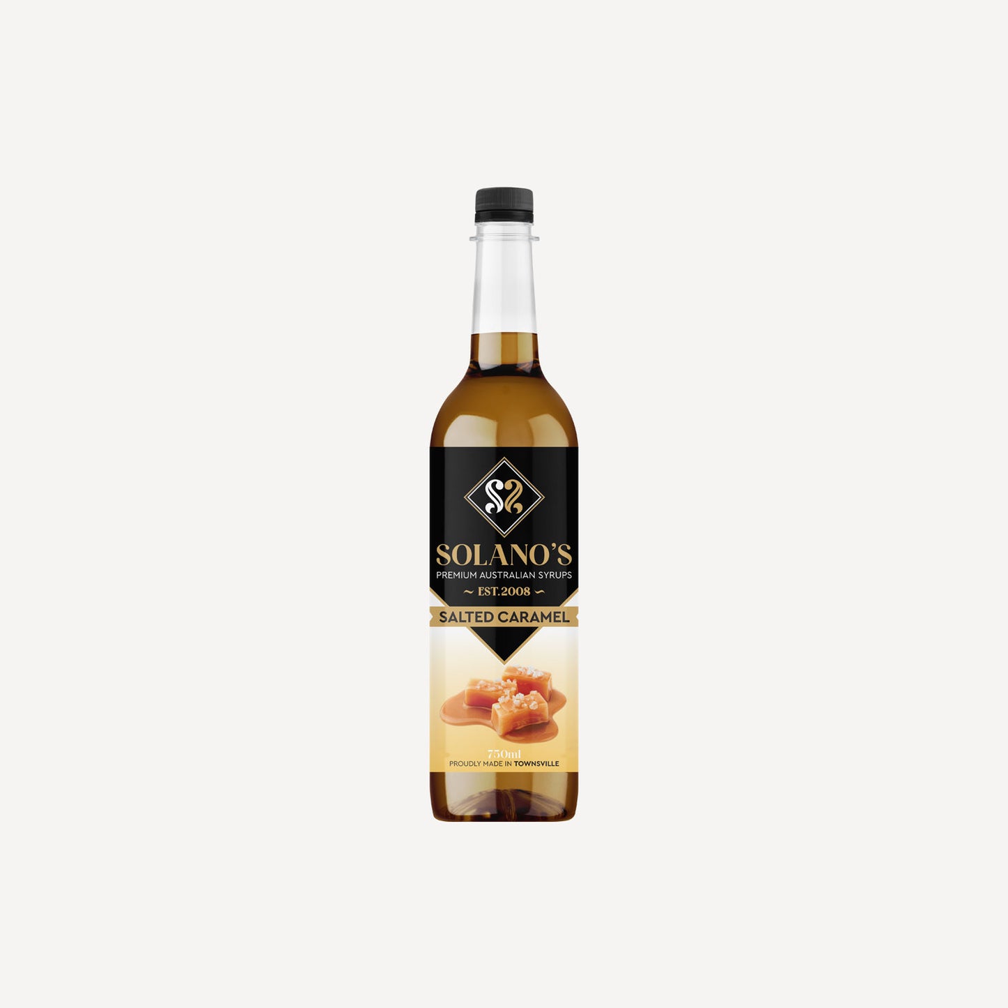 Bottle of Solanos Salted Caramel Syrup on a white background