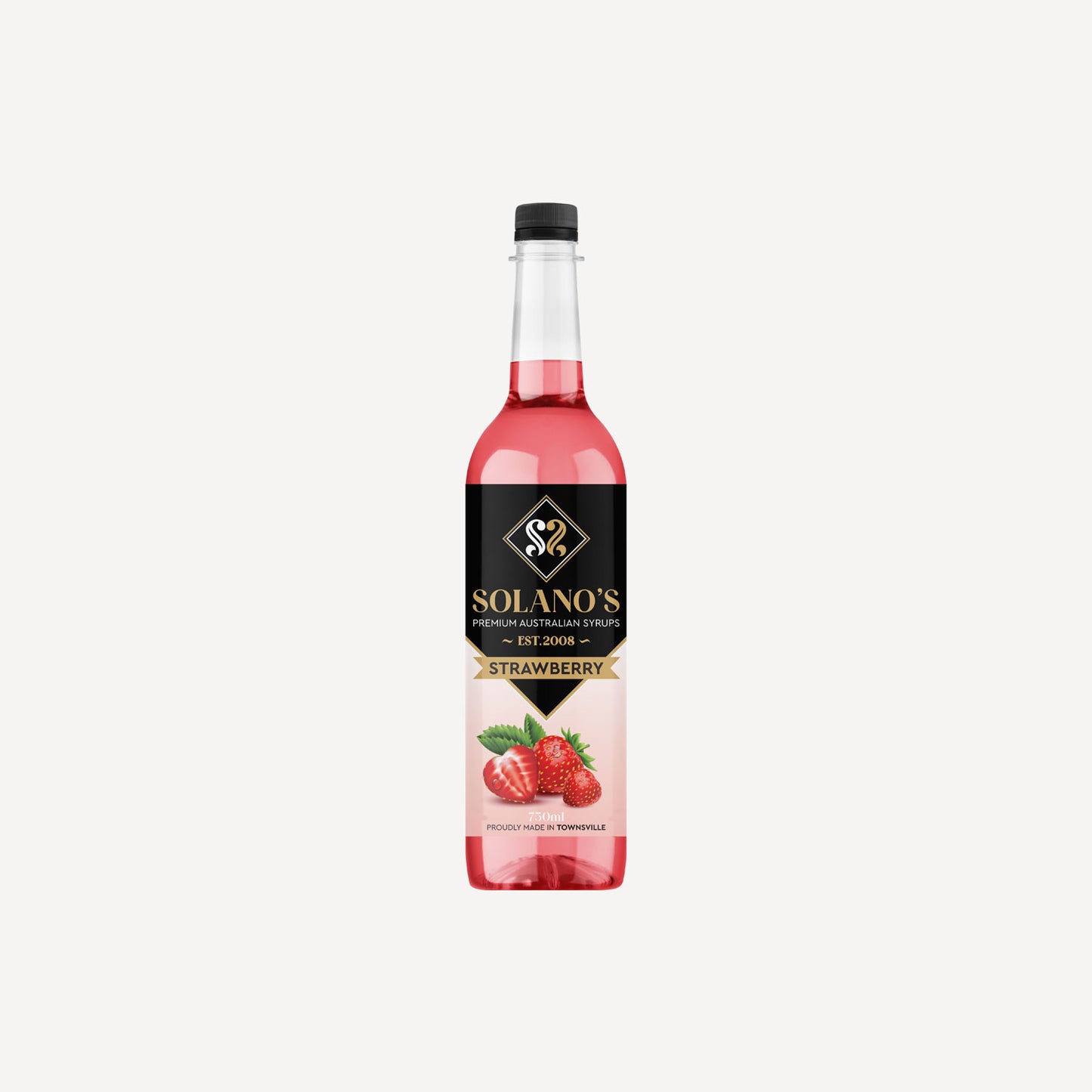 Solano's Strawberry Flavoured Syrup bottle in white background.