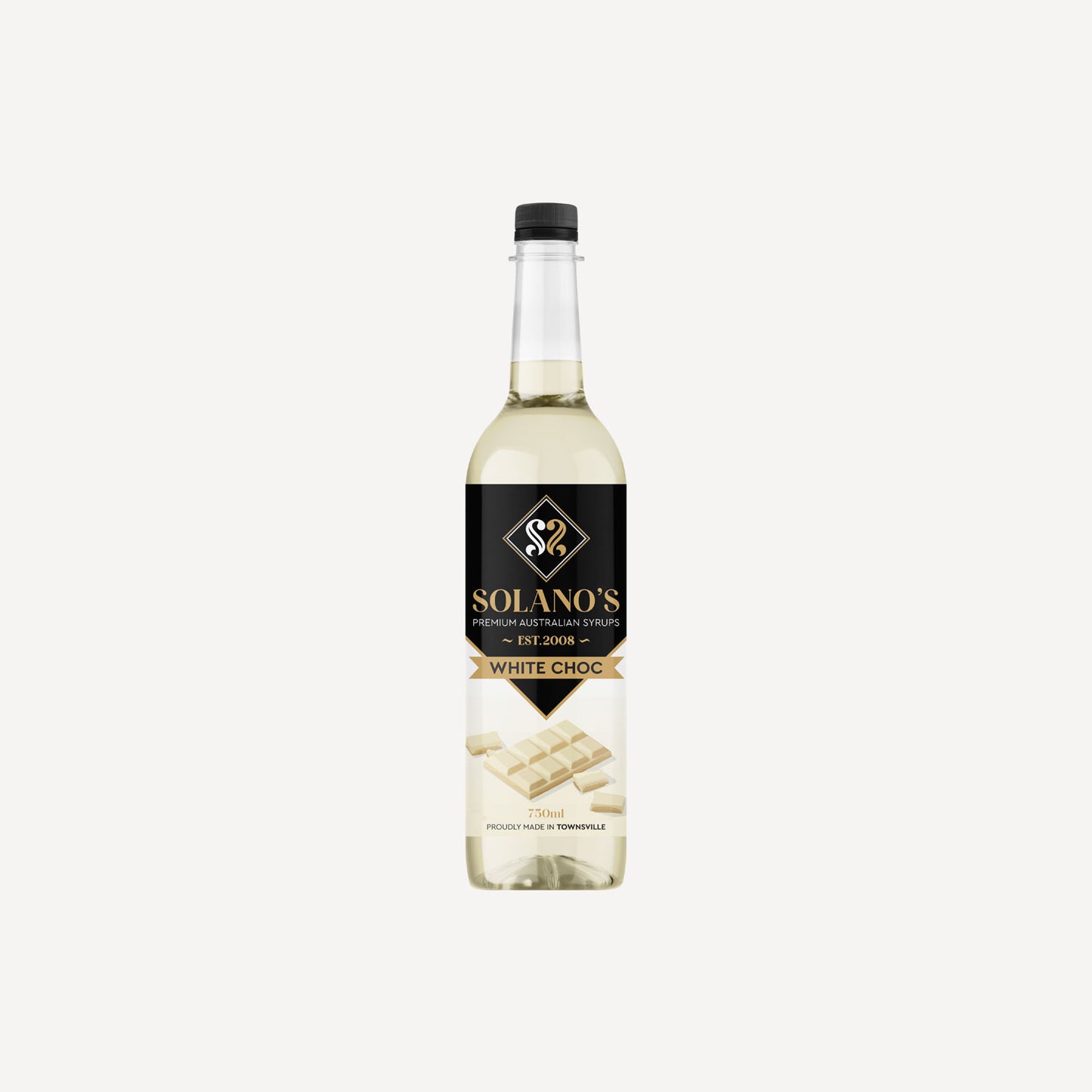 Bottle of Solanos White Chocolate Syrup on a white background