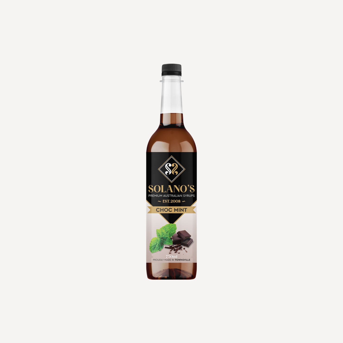 Bottle of Solano's Choc Mint syrup on a white background