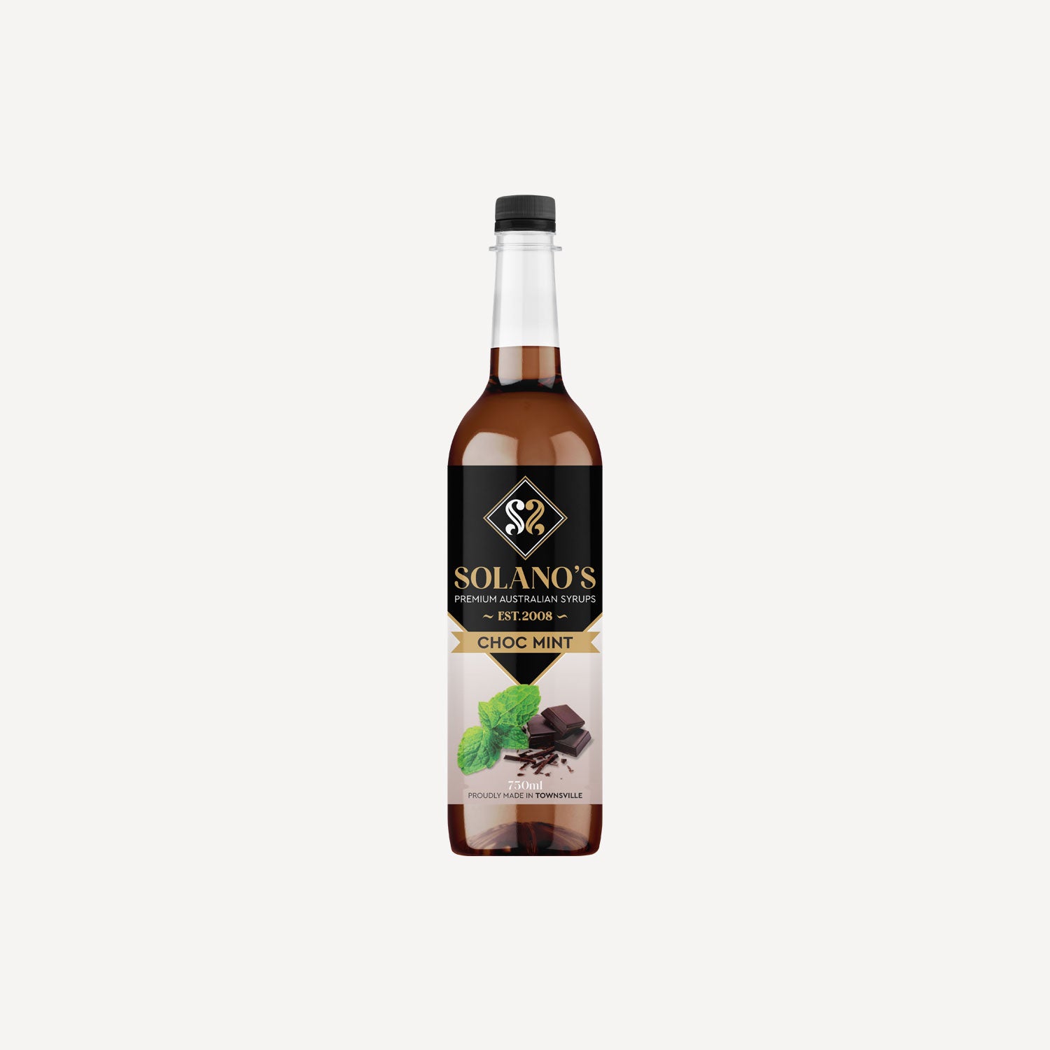 Bottle of Solano's Choc Mint syrup on a white background