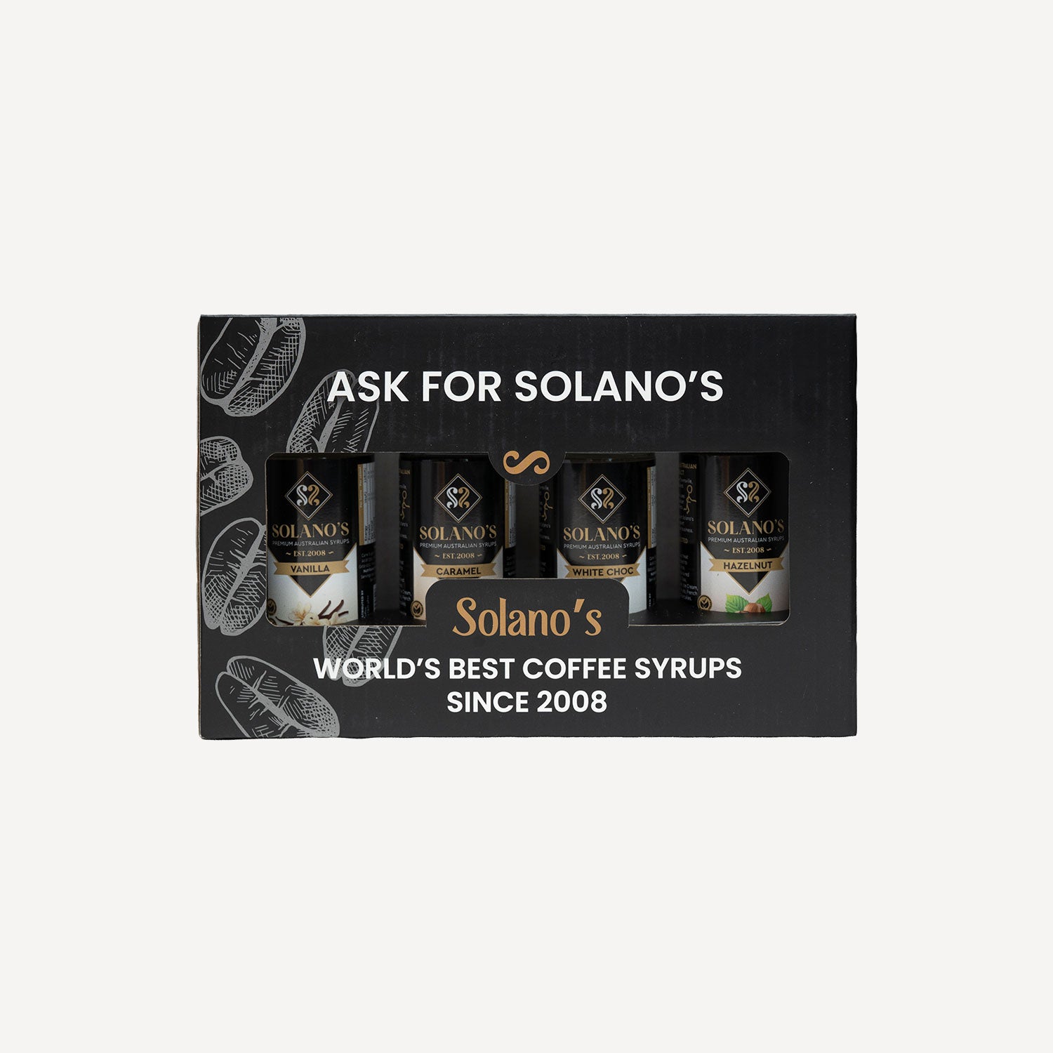 Packaging of Solano's coffee syrups with black and white design.