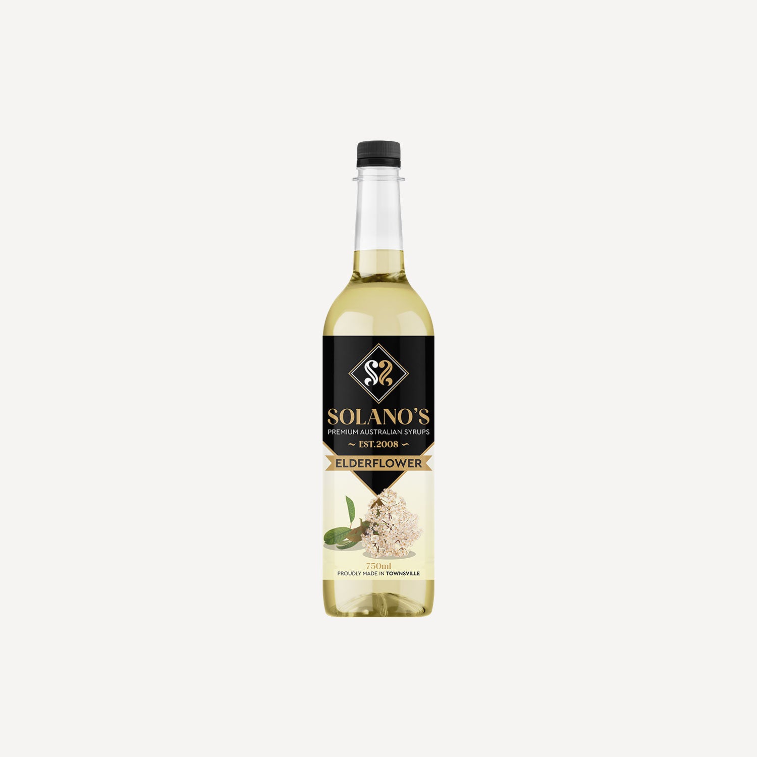 Bottle of Solano's Elderflower syrup on a white background