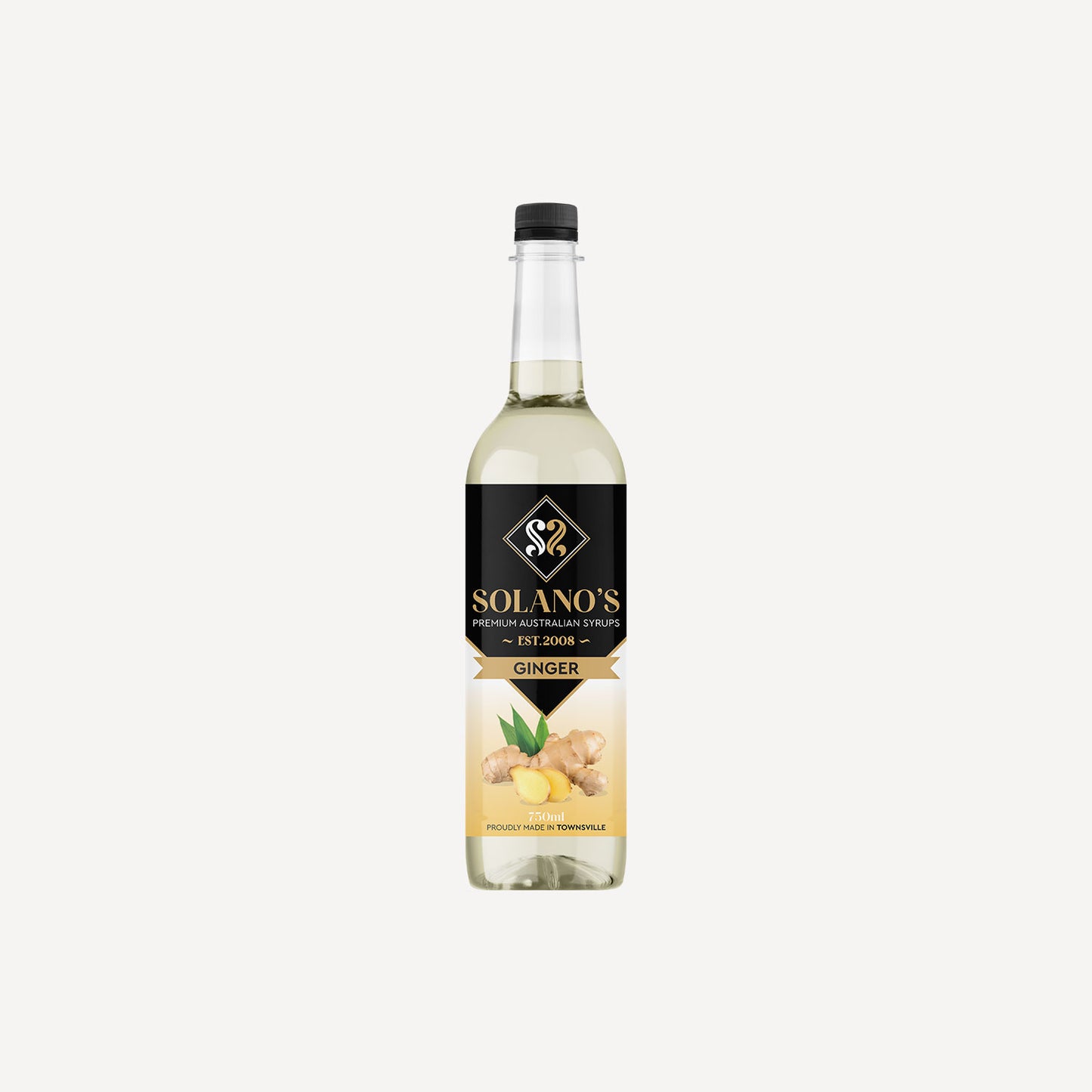 Bottle of Solano's ginger syrup on a white background