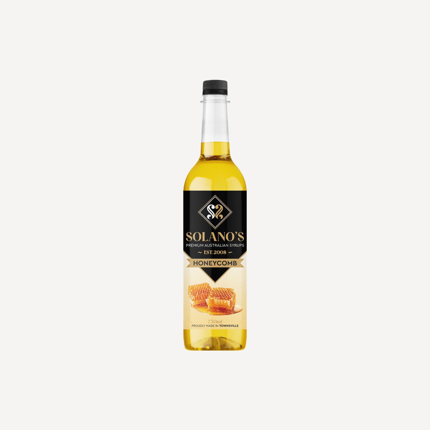 Bottle of Solano's Honeycomb Flavoured syrup on a white background
