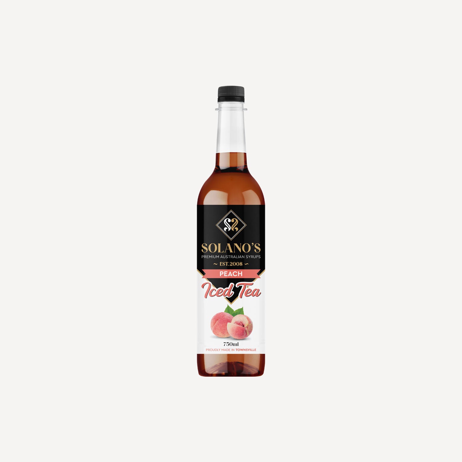 Bottle of Solano's Peach Iced Tea on a white background