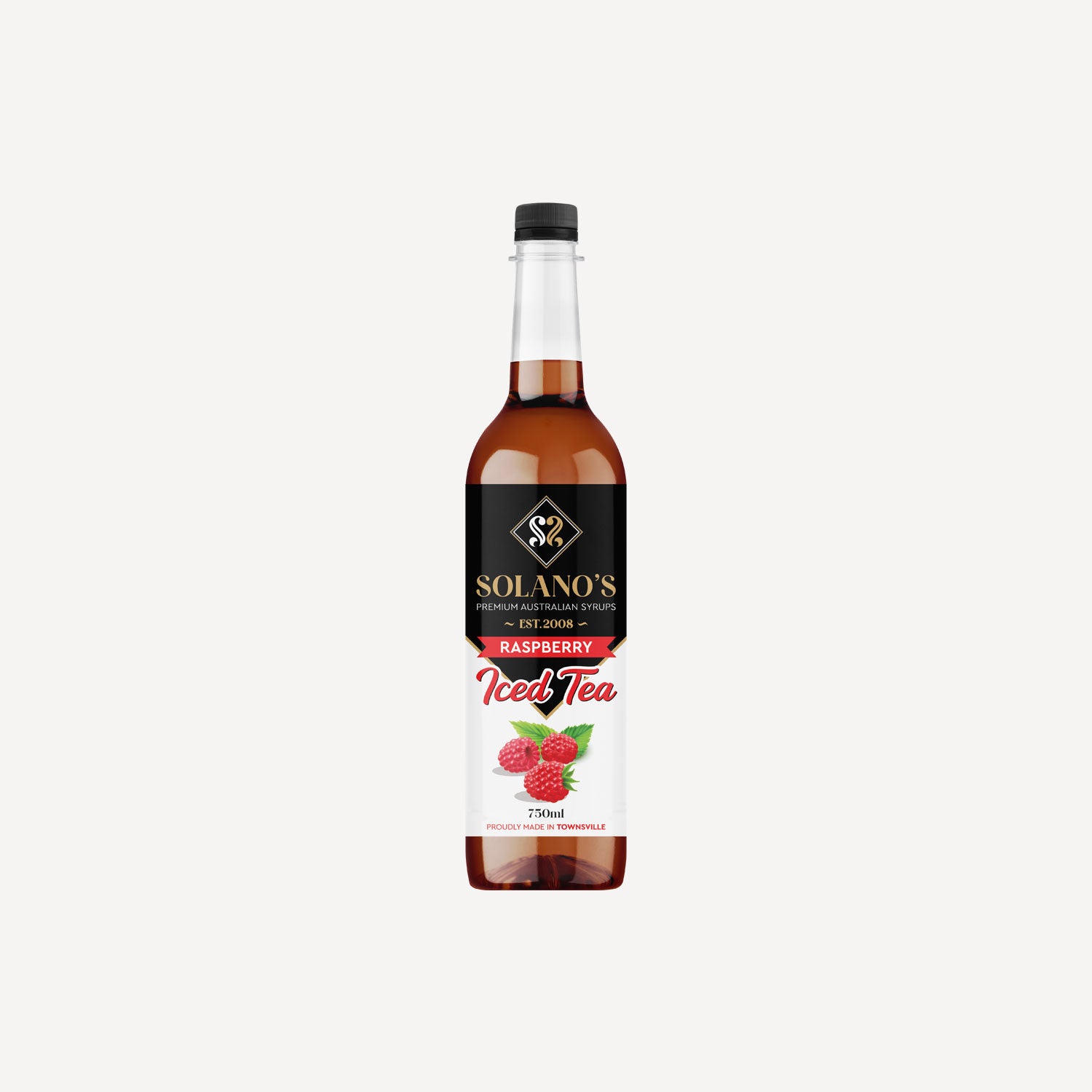 Bottle of Solano's Raspberry Iced Tea on a white background