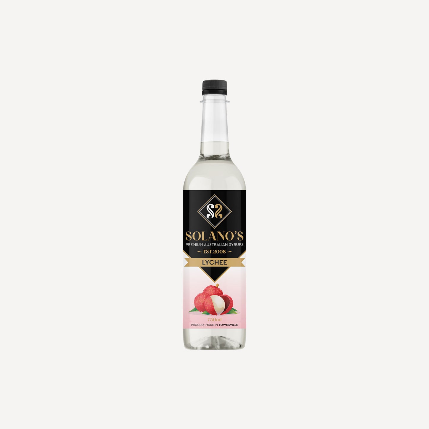 Bottle of Solano's Lychee syrup on a white background