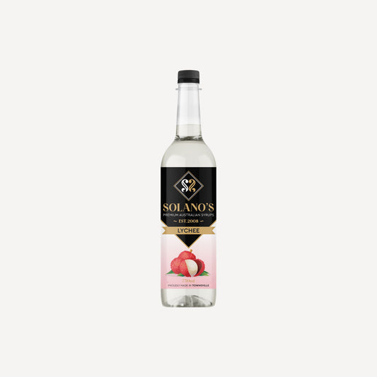 Bottle of Solano's Lychee syrup on a white background