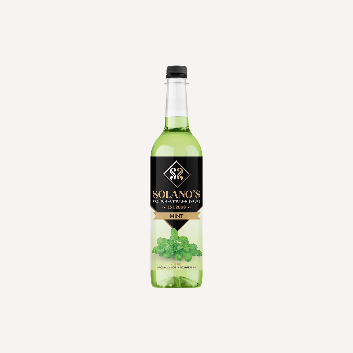 Bottle of Solano's Mint syrup on a white background