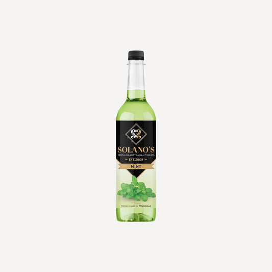 Bottle of Solano's Mint syrup on a white background