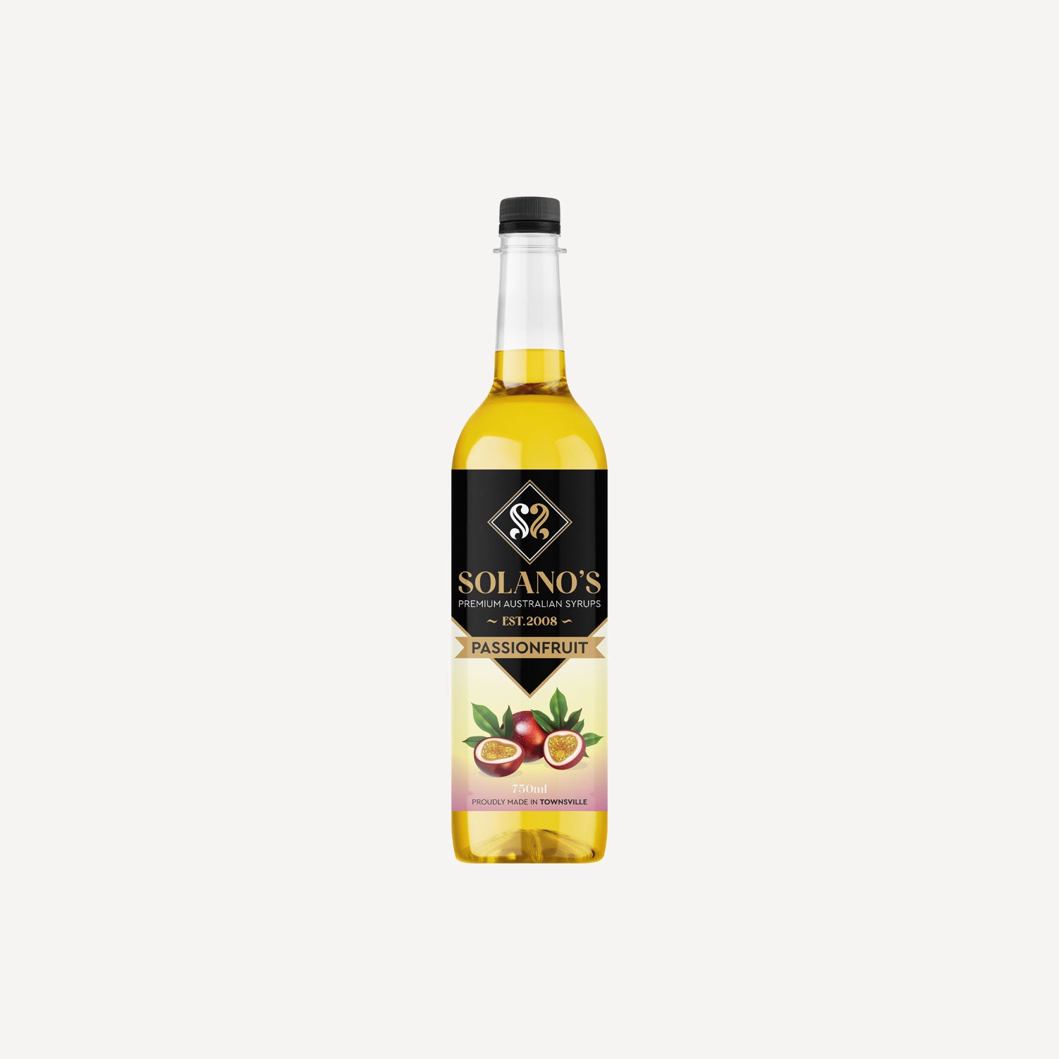 Bottle of Solano's passionfruit syrup on a white background