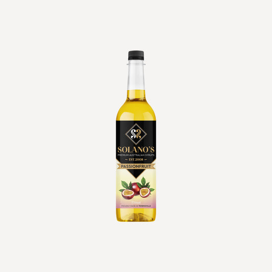 Bottle of Solano's passionfruit syrup on a white background