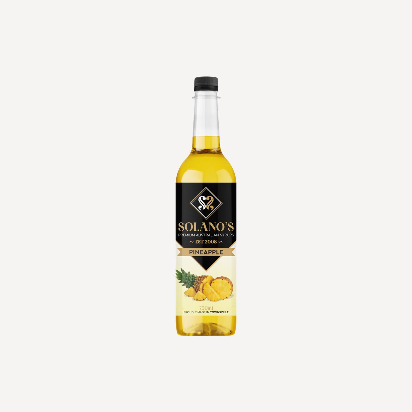 Bottle of Solano's Pineapple syrup on a white background