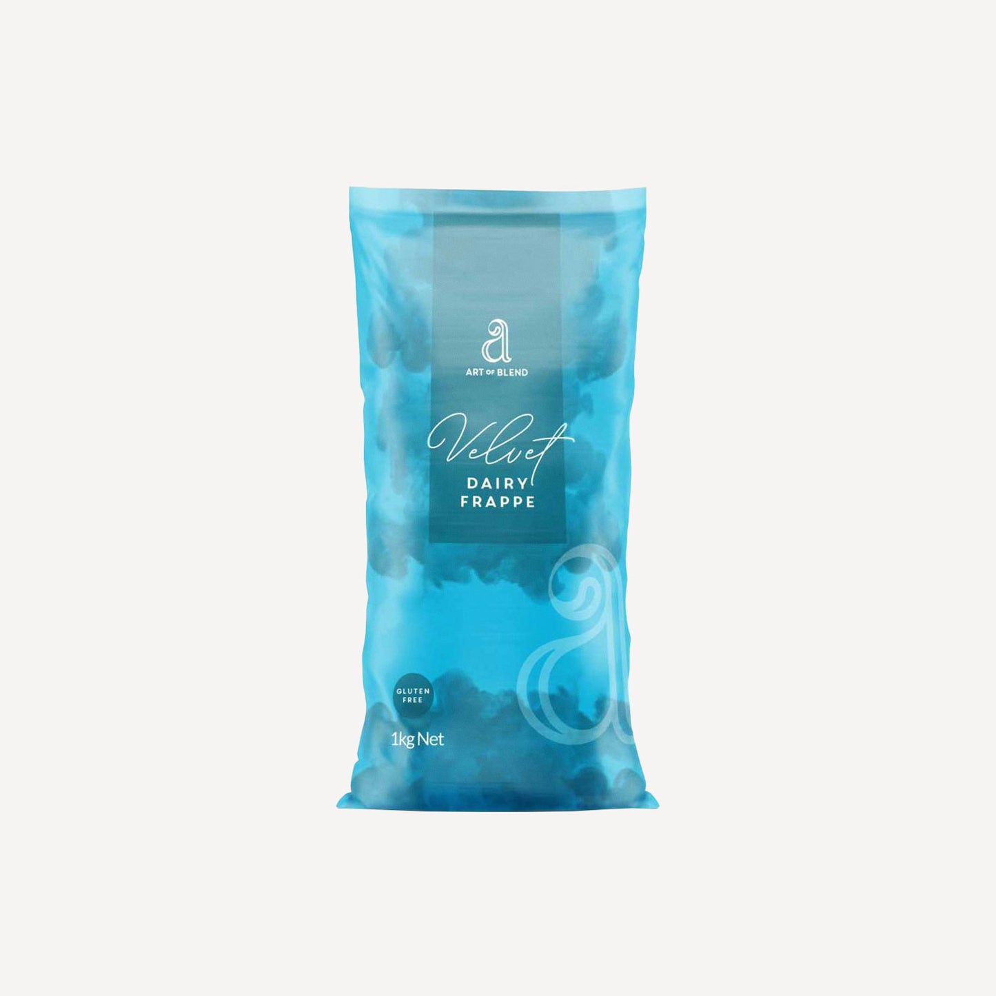 Blue package of 'Velvet Dairy Frappe' on a white background