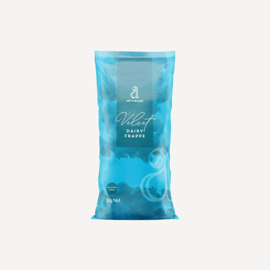 Blue package of 'Velvet Dairy Frappe' on a white background