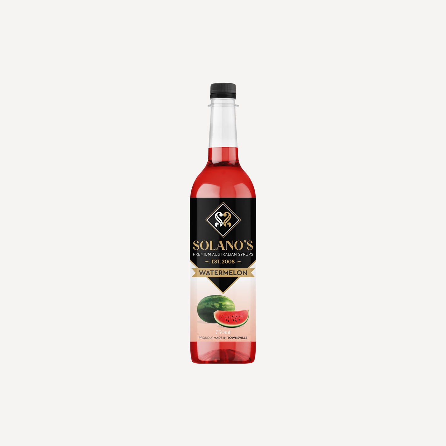 Bottle of Solano's watermelon syrup on a white background
